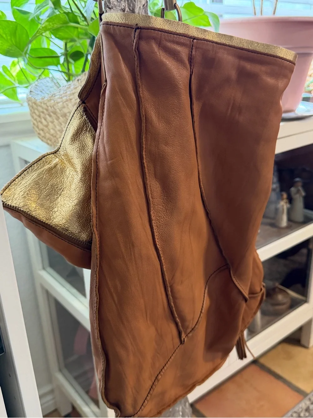 Leather Tassel Hobo Bag - Brown & Gold